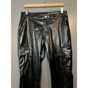 Black Faux Leather Cargo Pants Womens Medium Straight Leg Zip Pockets Utility